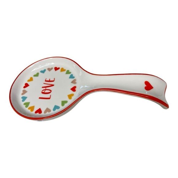 Spoon Rest "LOVE" White with Multicolor Rainbow Hearts, Ceramic - Picture 4 of 7